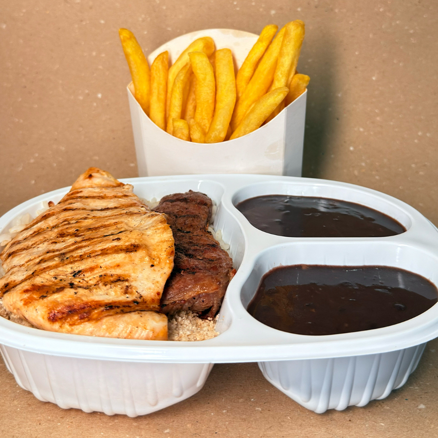 Arroz, Feijão, Farofa, Batata frita, 1bife de alcatra, 1 file de Frango