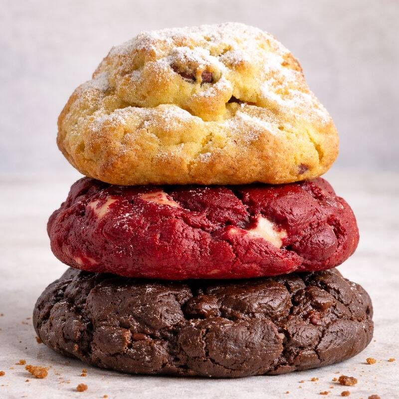 “Perfeito para dividir ou garantir a sobremesa da semana. São 3 cookies artesanais de 120g, macios por dentro e dourados por fora. Escolha seus sabores favoritos e monte seu combo do seu jeito.”