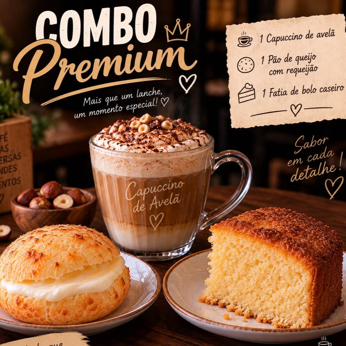 1 Capuccino de avelã
1 pão de queijo com requeijão
1 fatia de bolo (sabor do dia)