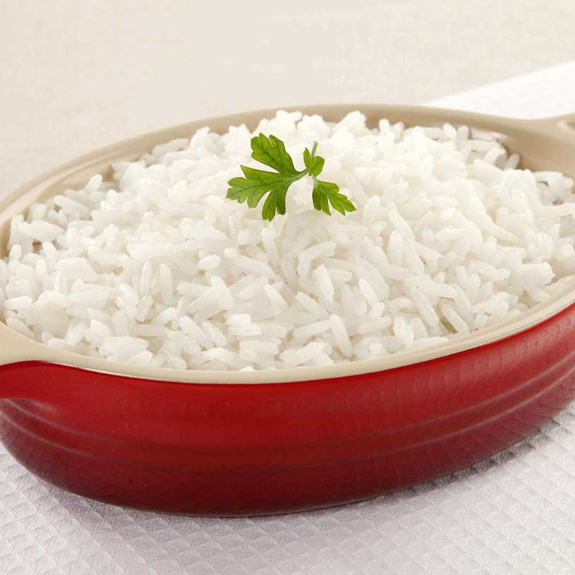 Porção de arroz branco ou de brócolis.