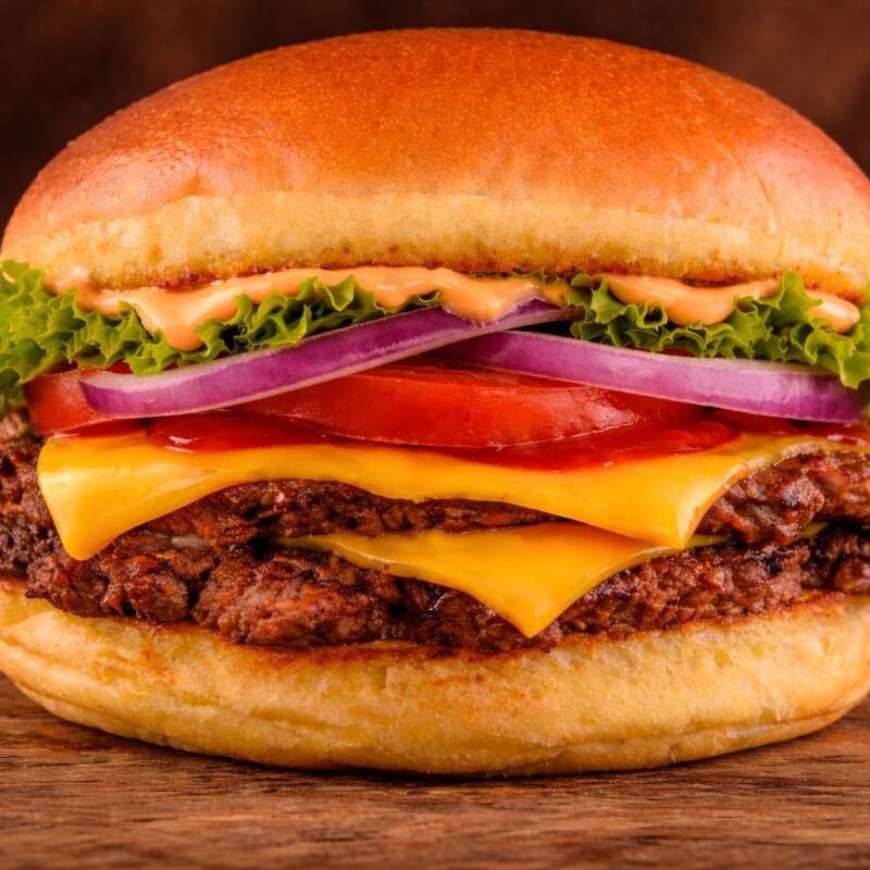 pão brioche, dois burger Smash 80g, queijo cheddar, cebola roxa, alface,tomate e molho amerciano.