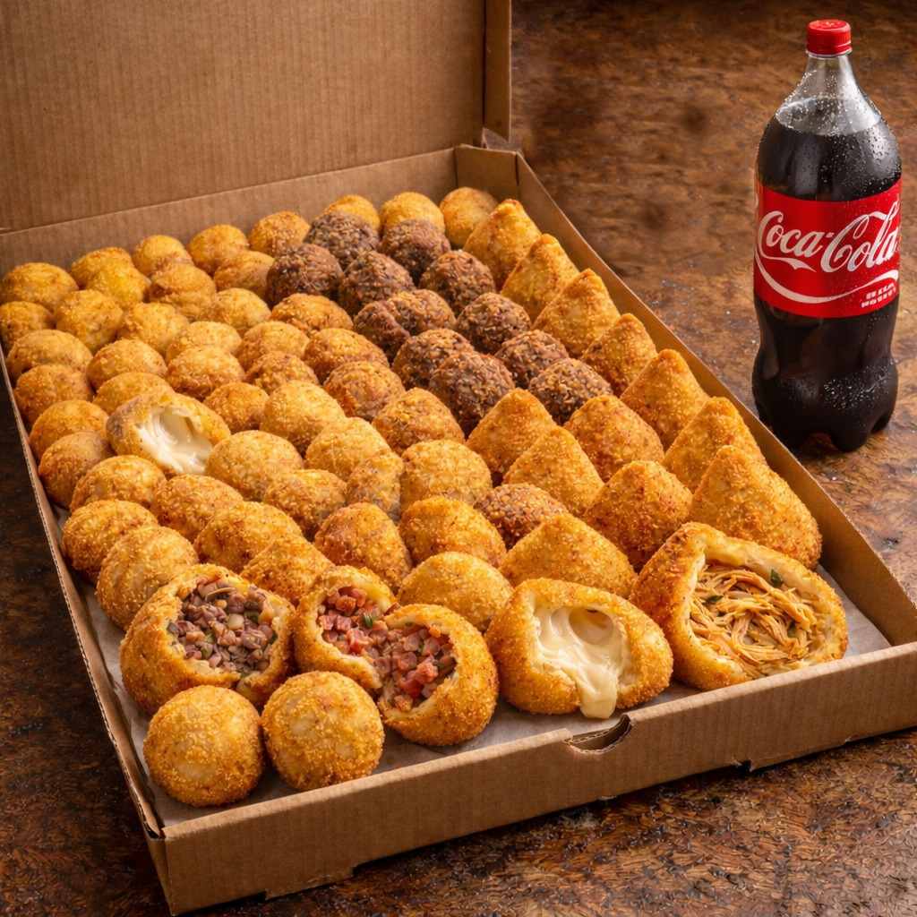 100 salgados 5 sabores + coca 2L
