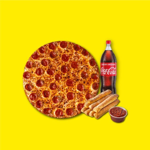 COMBO #1 (PIZZA PEPPERONI SIN ORILLA, ROCKY STICKS, REFRESCO 2L)