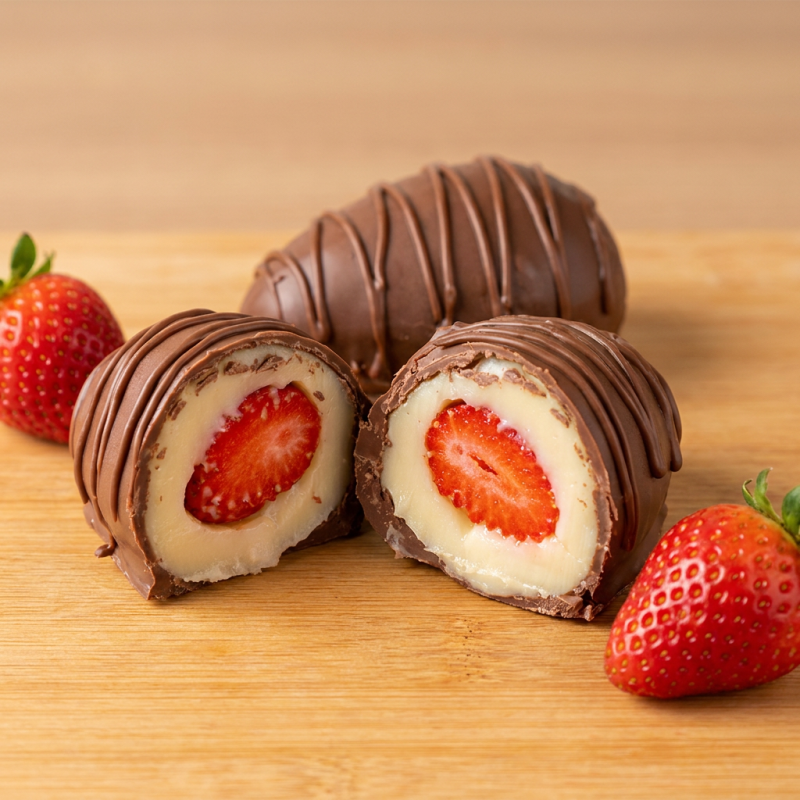 Dois morangos frescos envolvidos no brigadeiro branco, coberto com chocolate ao leite.
(Uma Unidade De Doce,Foto Cortada Ao Meio)