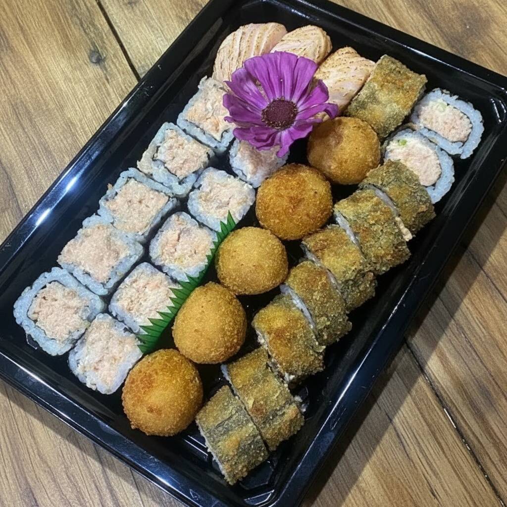 Peças frescas todos os dias! As peças desse combo são: 10 hot filadélfia, 5 uramaki salmão grelhado, 5 hossomaki salmão grelhado, 5 bolinhos 100% salmão, 3 niguiri salmão maçaricado // Acompanha: 3 sachês de shoyu, 3 sachês de tarê e 1 par de hashis (palitinhos)