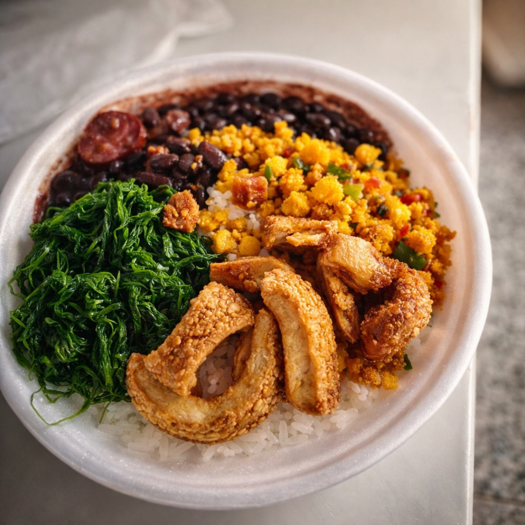 Arroz, Feijoada, Couve, Farofa e Torresmo