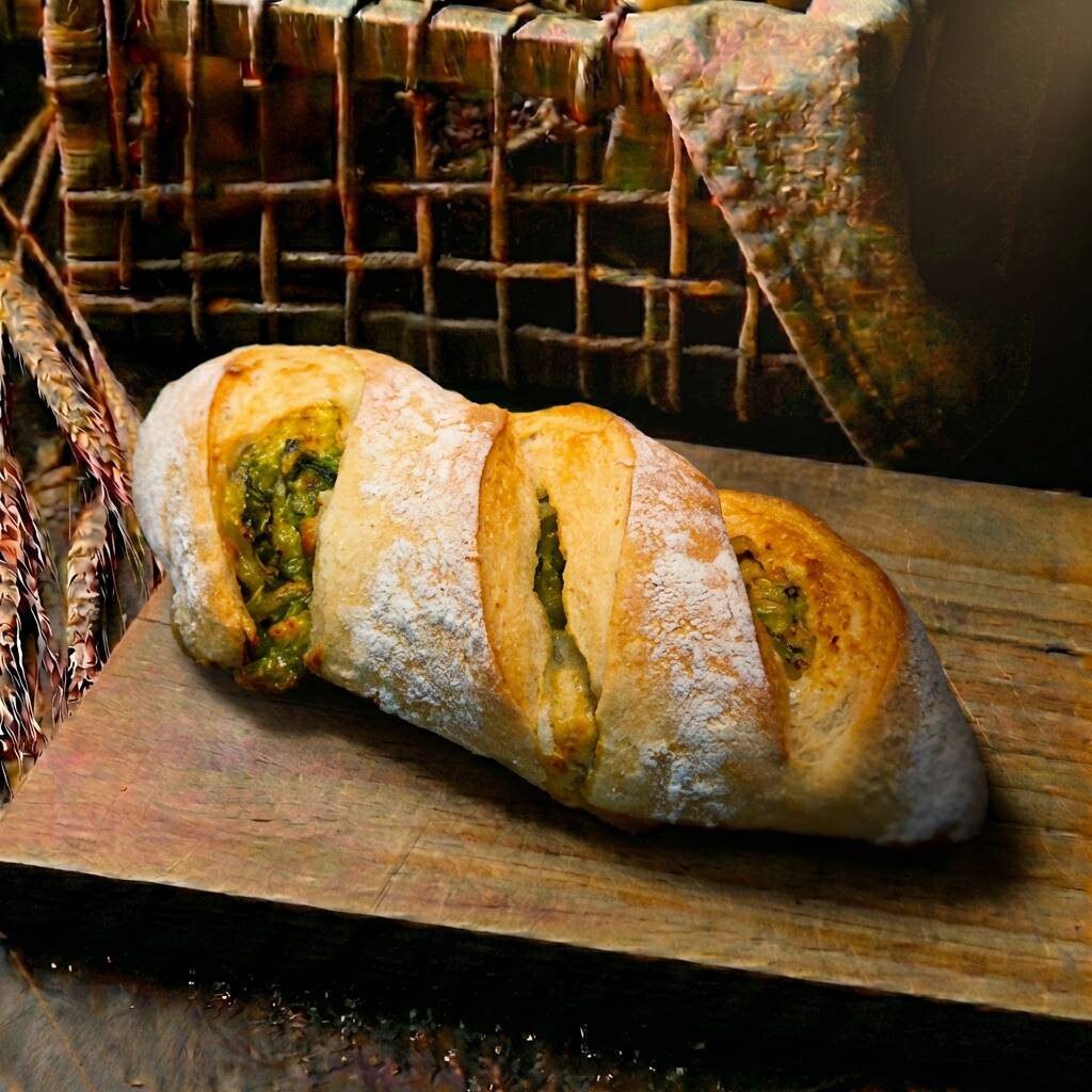 O mais ousado da nossa linha de fermentação natural! Levain, longa fermentação, calabresa defumada e queijo gouda incorporados na massa — casca crocante, miolo aerado com bolsões de queijo derretido e toque intenso e defumado da calabresa em cada fatia.