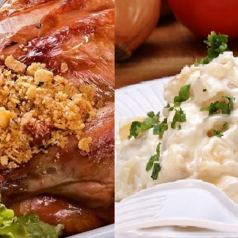 01 Frango assado com tempero suave, sem pimenta; recheio a base de farinha de milho em flocos, com calabresa, bacon, cebola, alho e tomate. Tudo em proporções suaves.
01 Maionese (500g) feita a com creme especial da casa contendo leite, óleo, cheiro verde e alho. Não vai ovos e nem maionese artificial pronta.