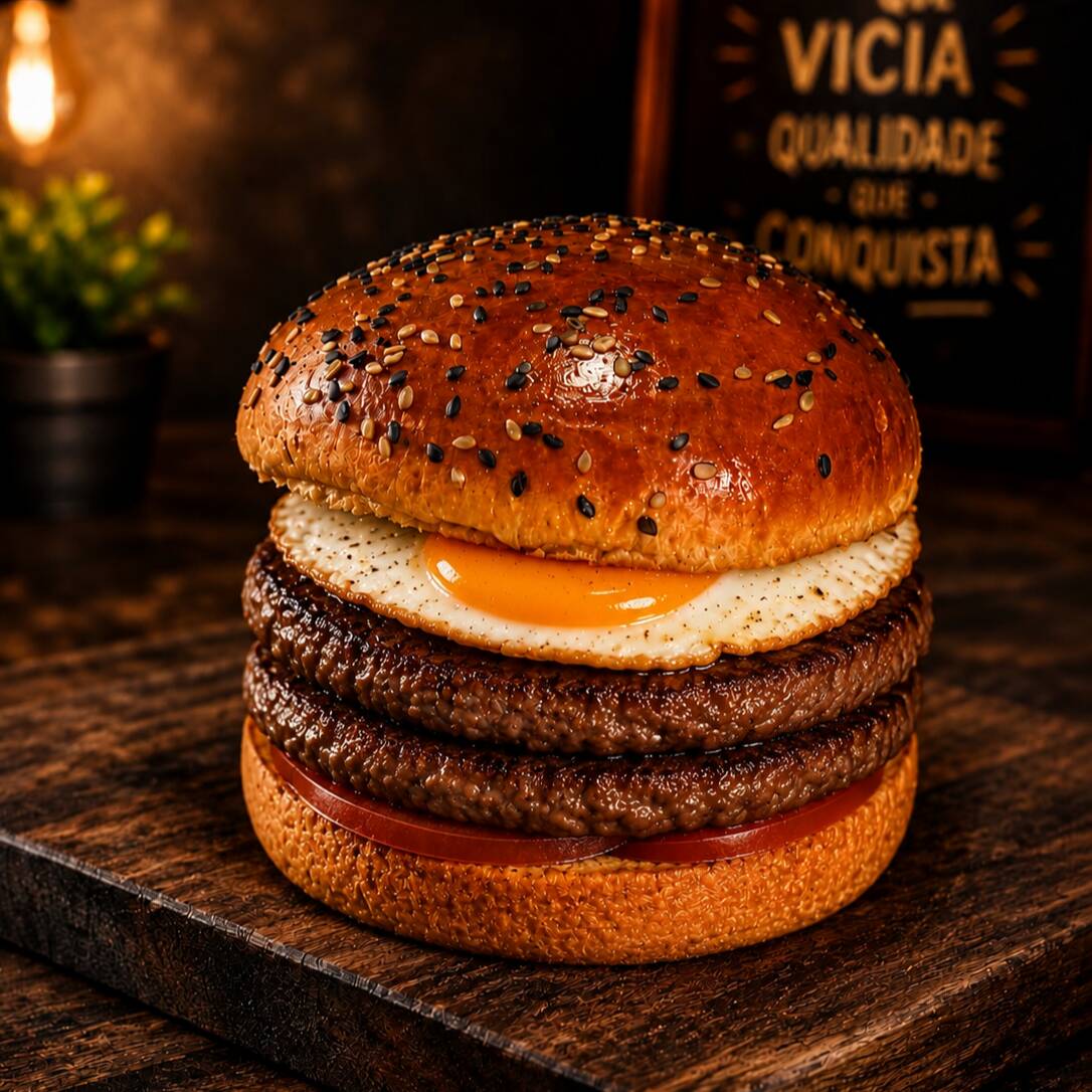 2 carnes bovinas (90g cada) artesanais, 2 fatias de bacon,mussarela,tomate, batata palha,ovo,barbecue e molho especial da casa