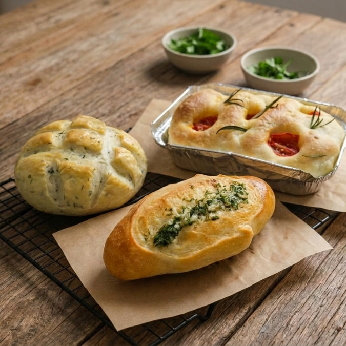 Esse combo inclui 1 unidade do nosso pão de manjericão, 1 unidade foccacia da sua escolha 1 unidade pão com manteiga de alho!