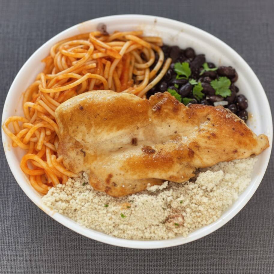 Marmita composta por: Arroz, feijão, macarrão, farofa e filé do peito de frango grelhado.
Peso aproximado: 400g a 450g