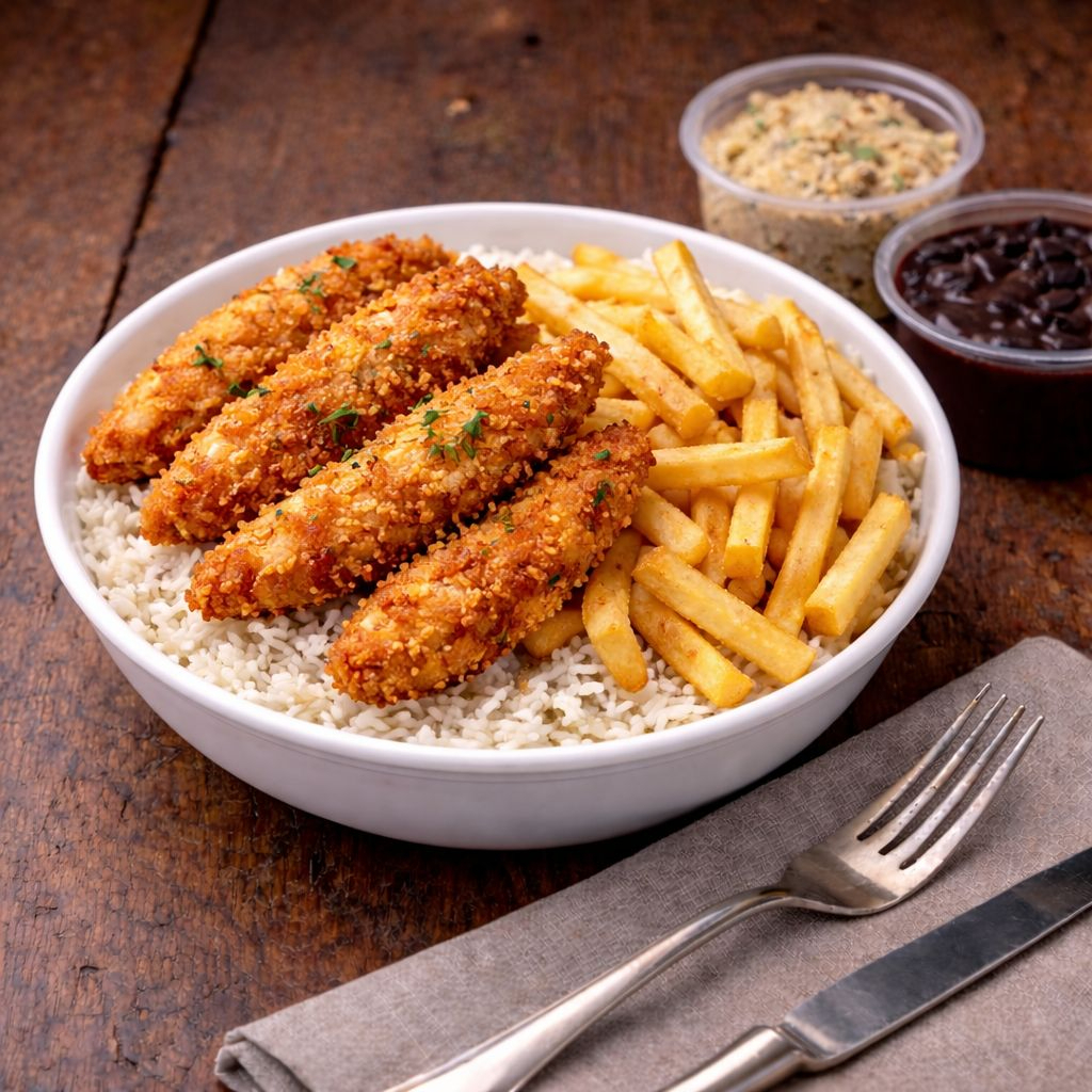 Quentinha redonda. Com uma deliciosa,Isca de frango crocante,Acompanhamento: Arroz , Feijão, Farofa e Fritas