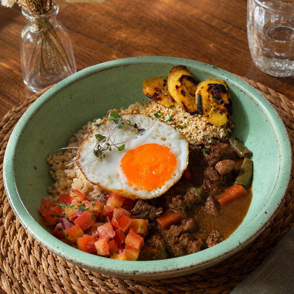 Picadinho de mignon com arroz cateto, farofa crocante. vinagrete artesanal, banana grelhada e ovo frito estrelado.