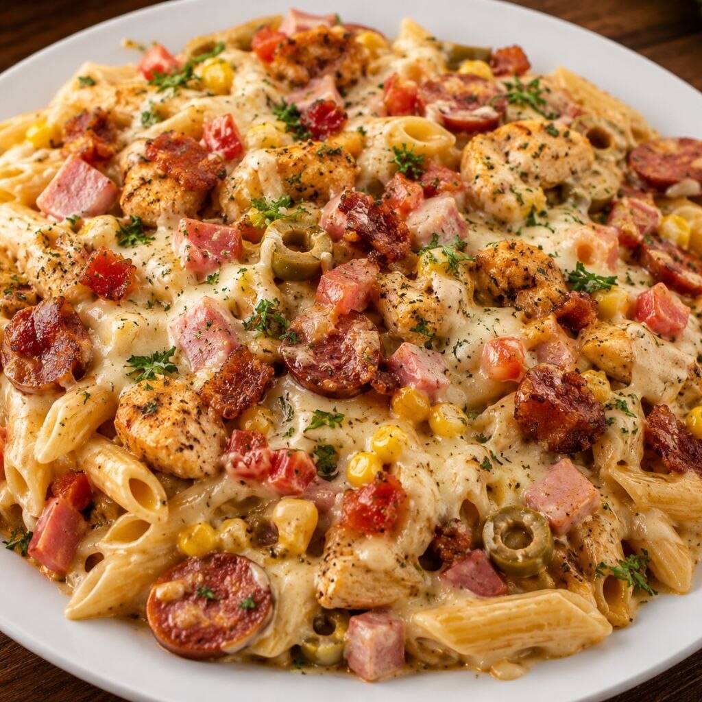 Macarrão cremoso preparado com molho branco e molho vermelho, frango, calabresa, salsicha em cubos, presunto, milho, ervilha, palmito, uva-passa, tomate-cereja, muçarela e cheddar. Finalizado com cebolinha e orégano. É cremoso, é completo, é X-TUDO! 🔥