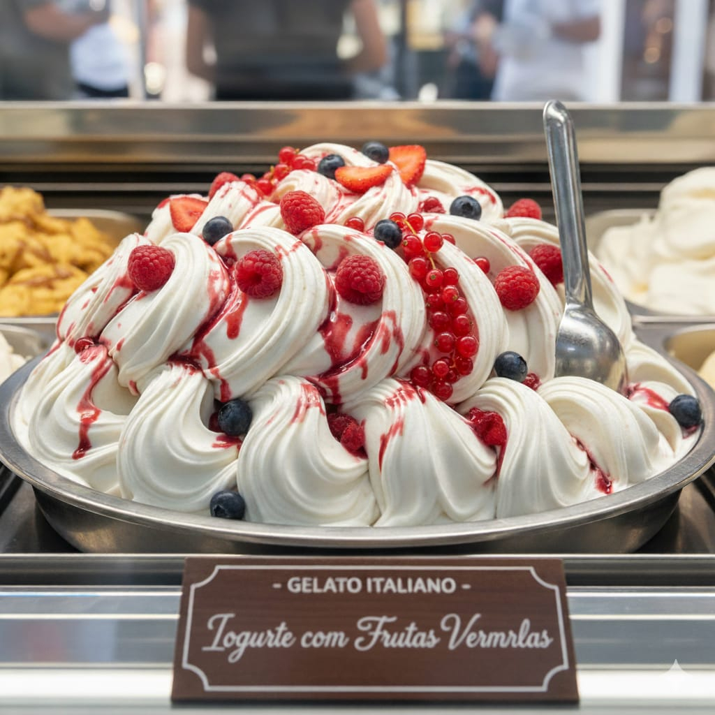 Refrescante, leve e cheio de sabor! Feito com yogurt cremoso e uma deliciosa calda artesanal de frutas vermelhas, este gelato equilibra o azedinho natural das frutas com a suavidade do yogurt. Contém creme de leite fresco! (Imagem meramente ilustrativa)