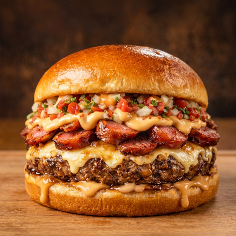 Brioche fofinho, um blend de 180g super suculento, queijo parmesão que dá aquele toque marcante, linguiça defumada cheia de sabor, vinagrete fresquinho e o nosso molho da casa para completar. Um lanche robusto, diferente e irresistível!