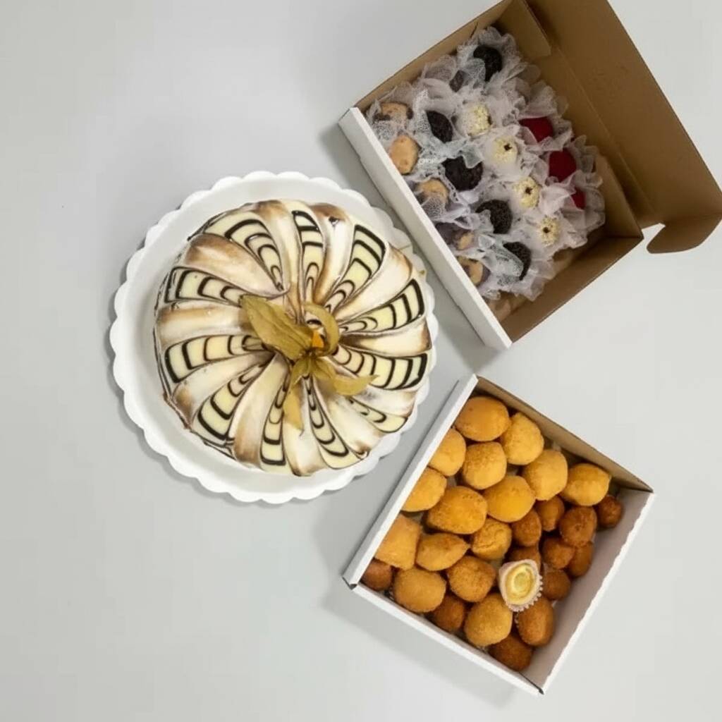 1 torta de 1kg bem casado ,40 salgados sortidos,20 doces sortidos.