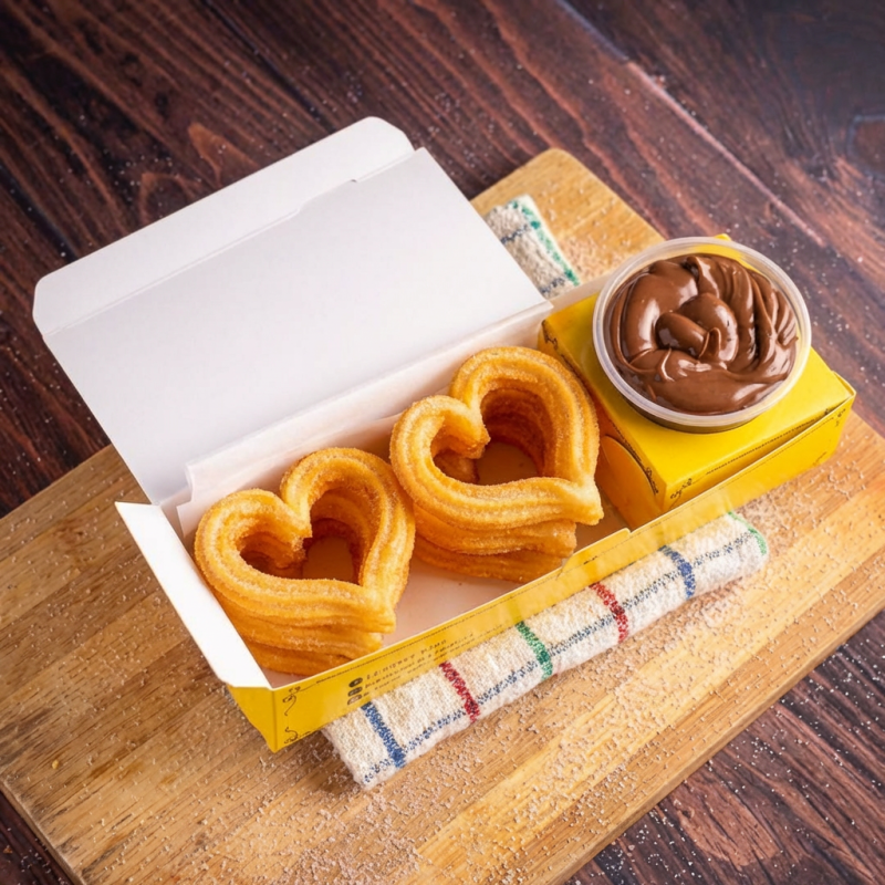 Apresentamos seis irresistíveis Churros Espanhóis em formato de coração, especialmente preparados para presentear quem você ama! Cada delícia é feita na hora, garantindo a máxima frescura e sabor. Para intensificar o prazer de saboreá-los, nossos churros são cuidadosamente passados numa mistura de açúcar com canela, que lhes confere um toque aromático e adocicado. Sua apresentação é feita com o ma