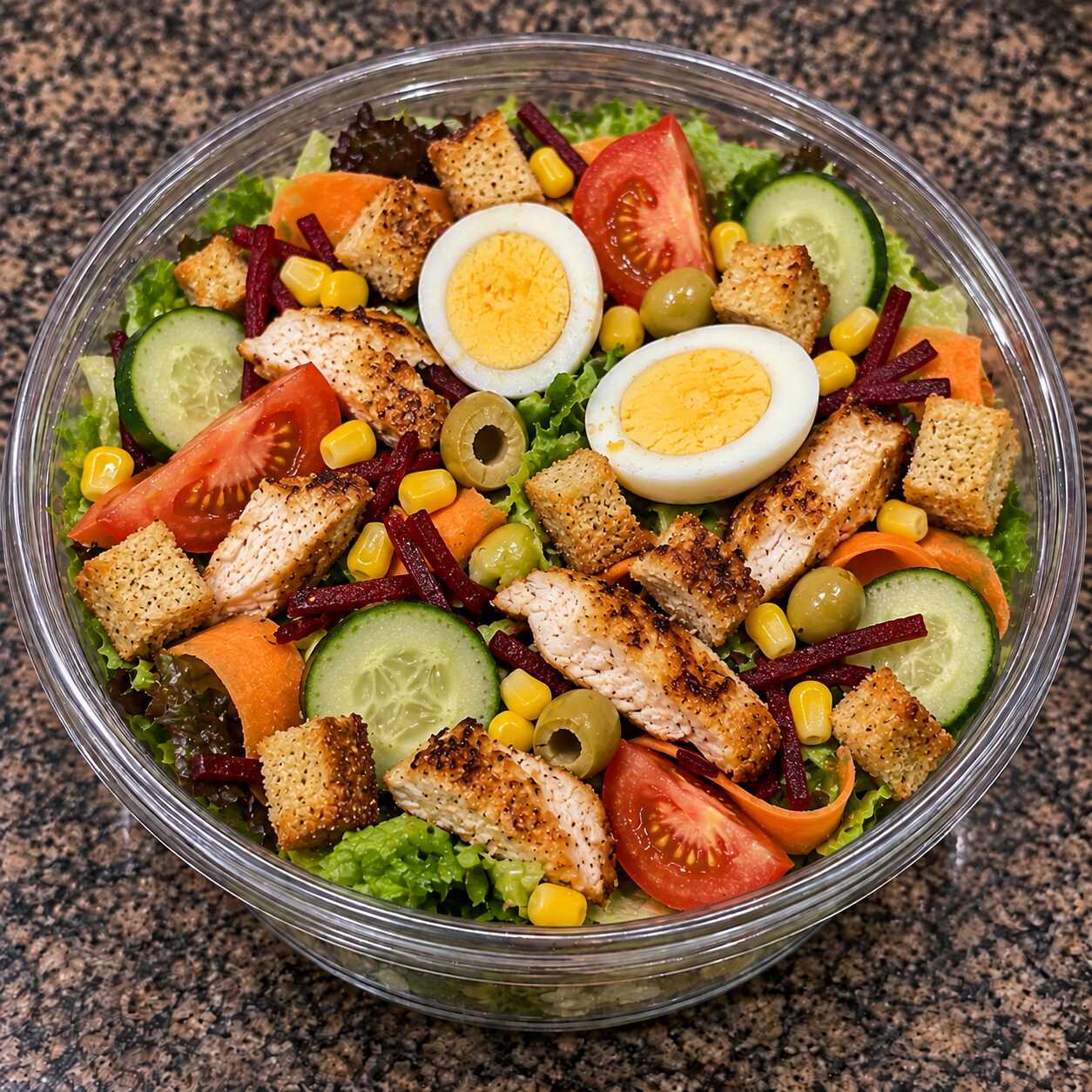 Colorida, farta e cheia de sabor! Frango grelhado com mix de folhas, ovo, tomate, cenoura, beterraba, milho, pepino, azeitona e croutons.