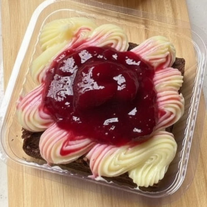 Fatia de brownie com cobertura de brigadeiro de ninho e geleia de moango. 200g