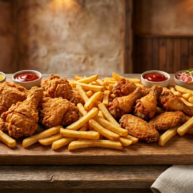6 piezas de pollo + 6 piezas de alitas con papas