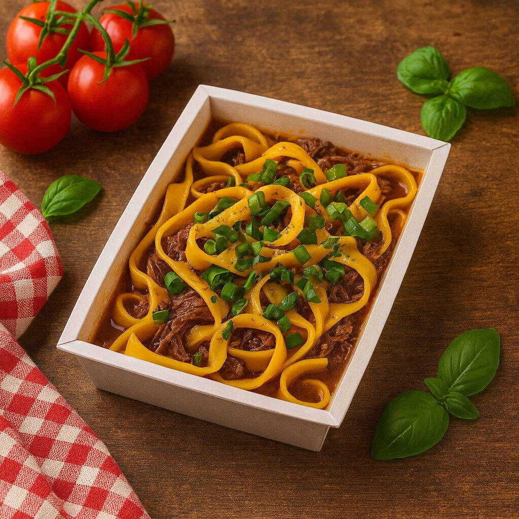 Talharim fresquinho, macio e envolto em molho caseiro com carne louca desfiada, suculenta e bem temperada. Uma refeição farta e saborosa, selada em 500g para chegar até você quentinha e perfeita. Peça agora e sinta o sabor da nossa cozinha!