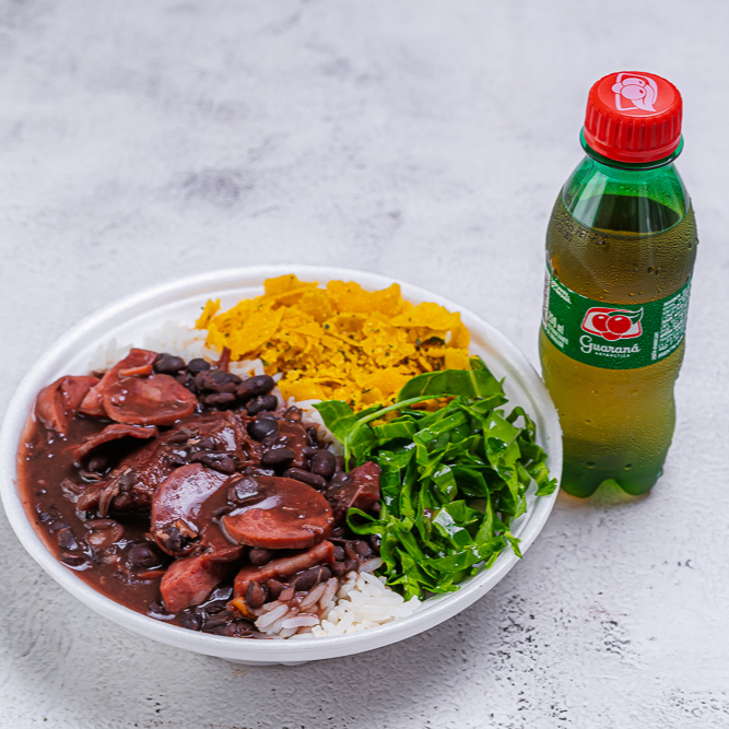 marmita 400 Gramas de Feijoada Magra individual (feijoada preparada com costelinha, lombo, calabresa, paio e bacon) acompanha arroz branco, couve e farofa + Guaraná Pet 200 ML