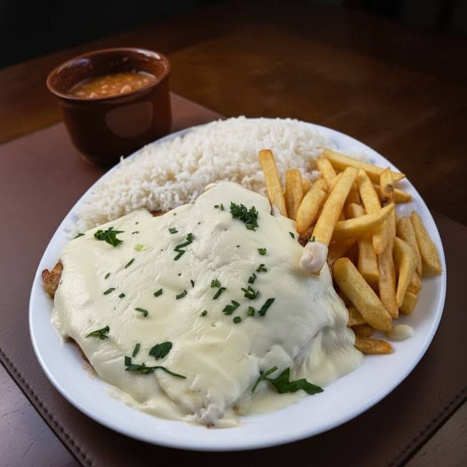 Frango a moda da casa! Acompanhado de catupiry, molho da casa, ervas finas, arroz, fritas e salada.