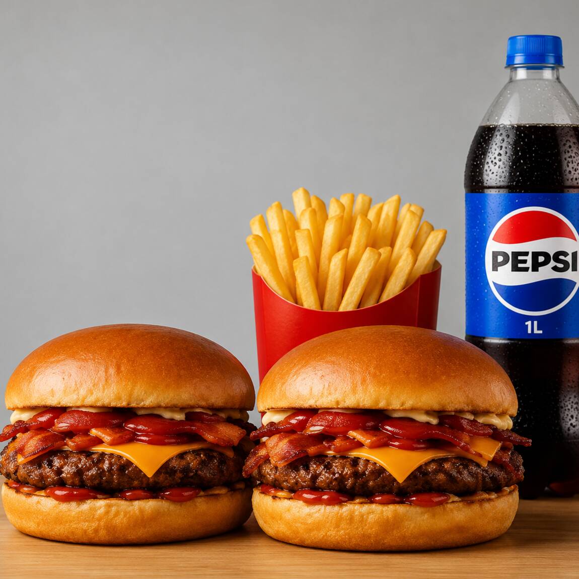 1 bacon + 1 burguer + 1 batata c/ cheddar e bacon +600ml