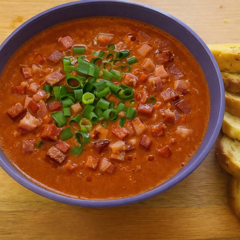 Caldo de feijão com calabresa e bacon em cubos, cebolinha e torradas temperadas.