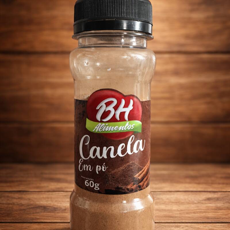 Frasco plástico com 60g de canela em pó.