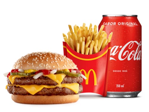 Dois hambúrgueres (100% carne bovina), mostarda, ketchup, cebola,
queijo cheddar e pão com gergelim, com acompanhamento e bebida.