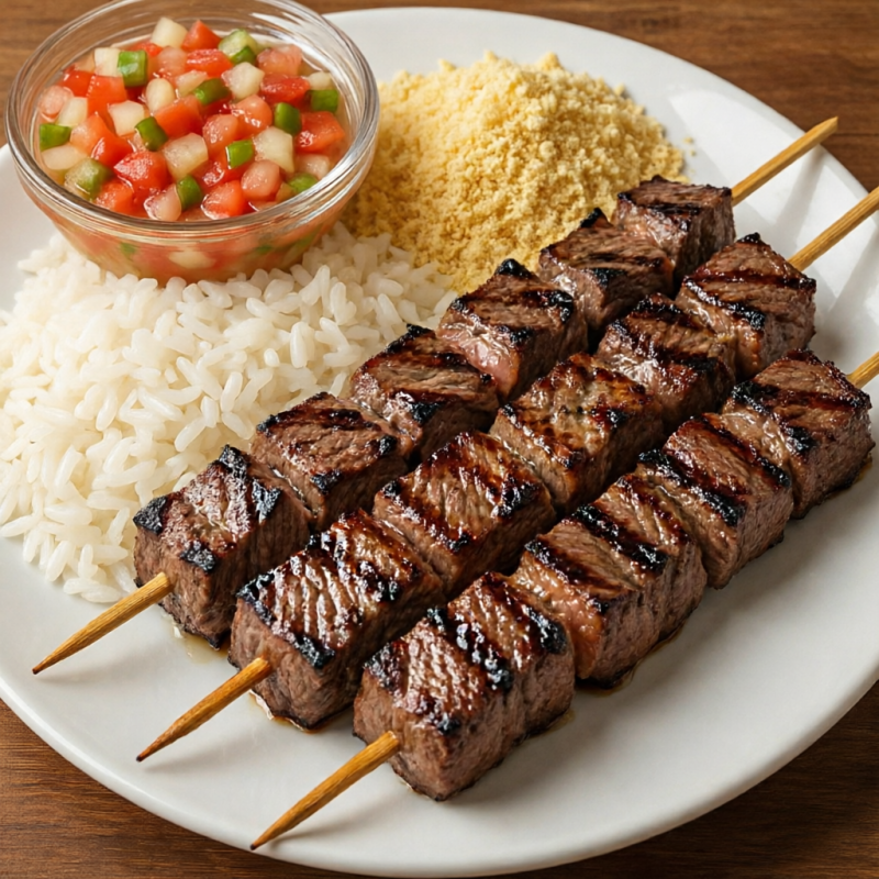 3 Espetos de Alcatra, Arroz, Farofa e Vinagrete