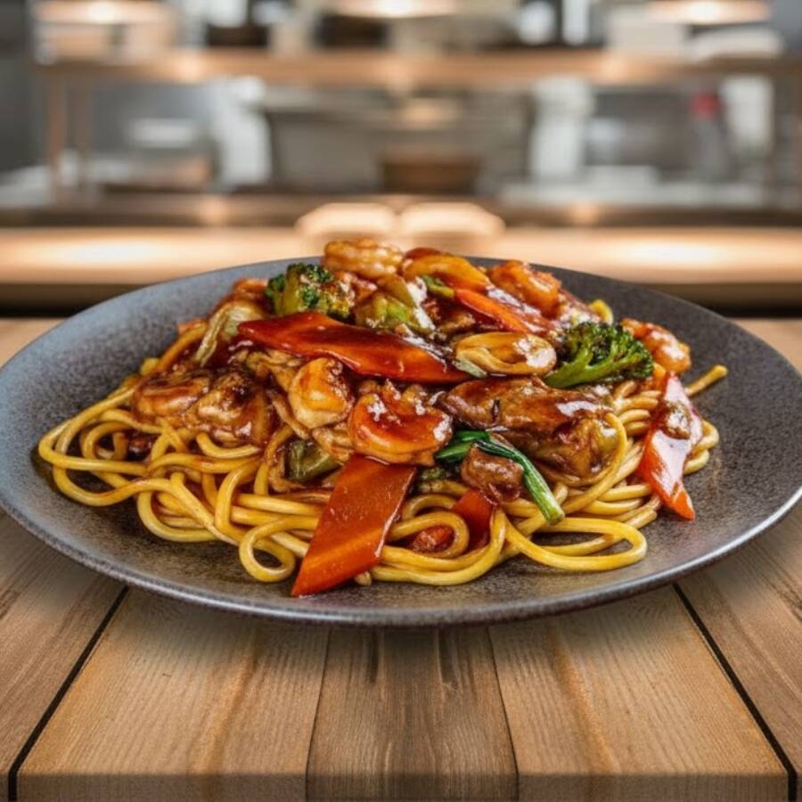 Macarrão sobá frito no wok com camarão, carne bovina, frango, couve-flor, brócolis, cogumelos, repolho e cenoura com o clássico molho do Lig-Lig. Preparado no wok chinês de forma artesanal com ingredientes frescos.