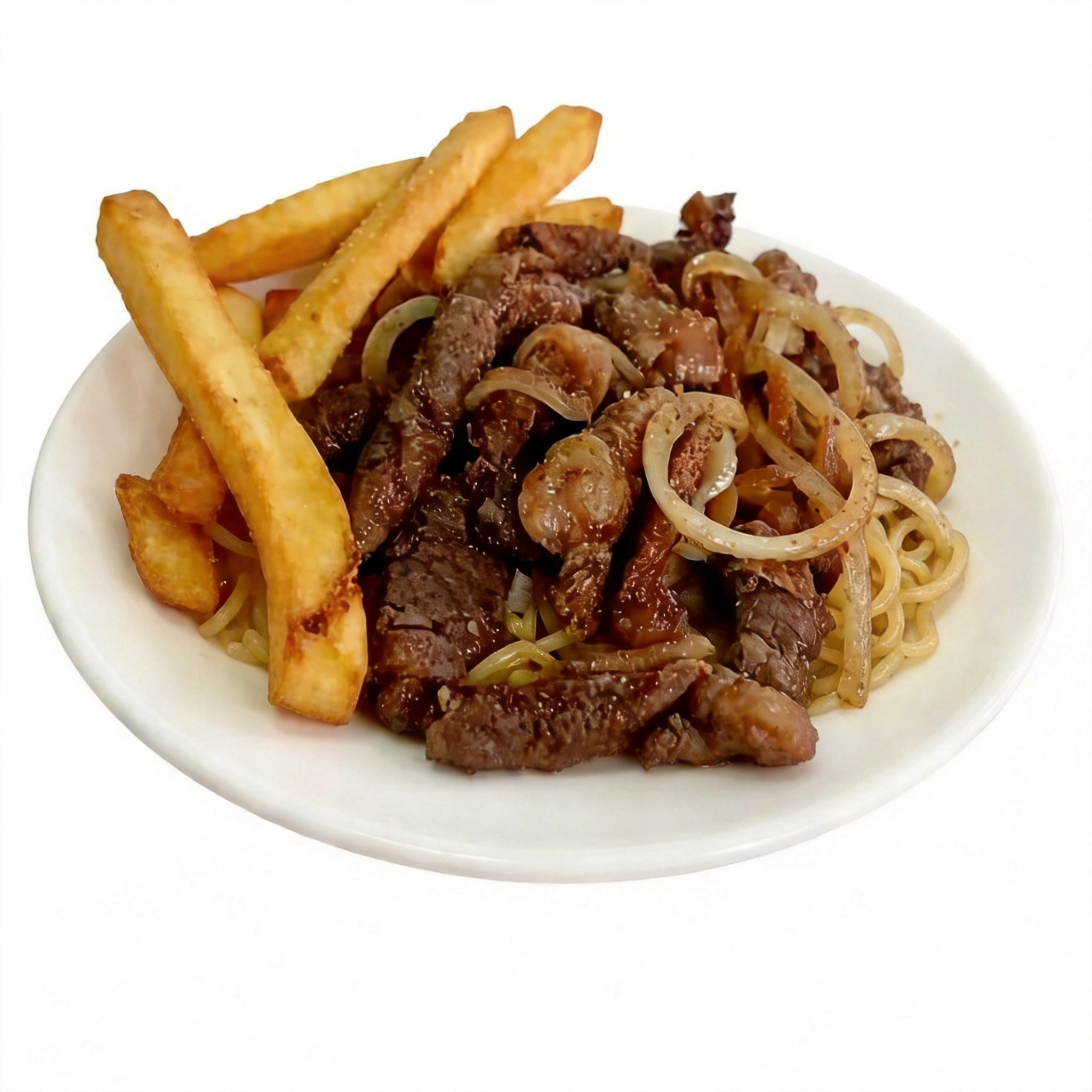 Acompanhada de Arroz Branco, Feijão de caldo, Deliciosas Tiras de alcatra com batata frita e Granulado de alho frito por cima.