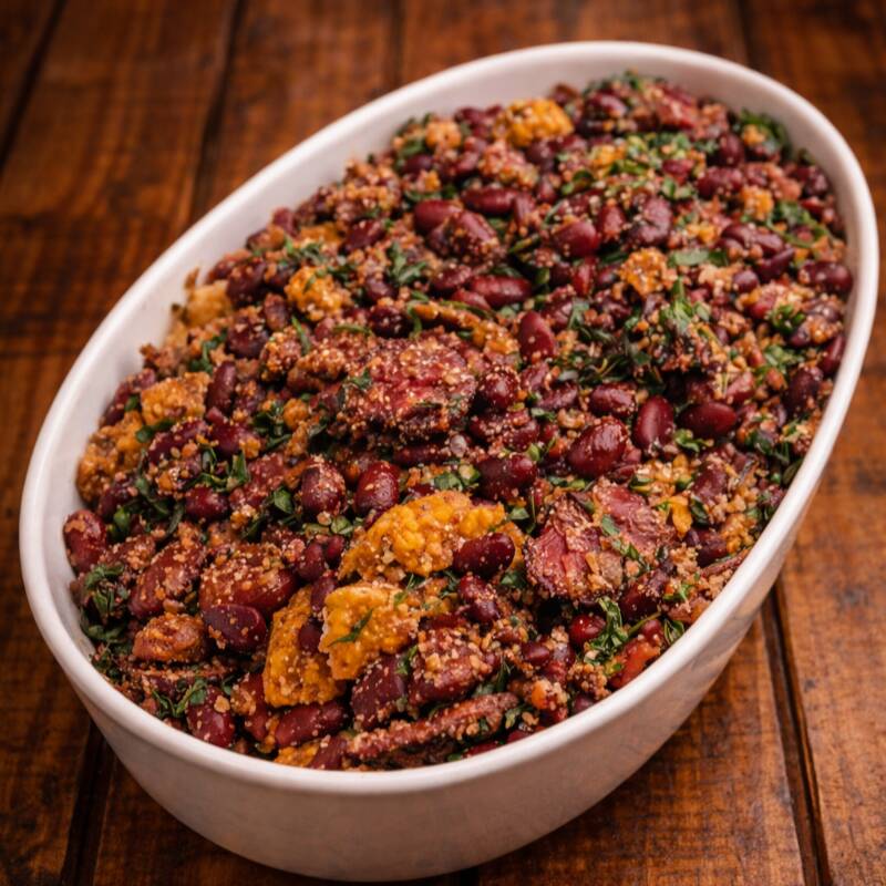 feijão carioquinha, bacon, linguiça, ovo, torresmo.