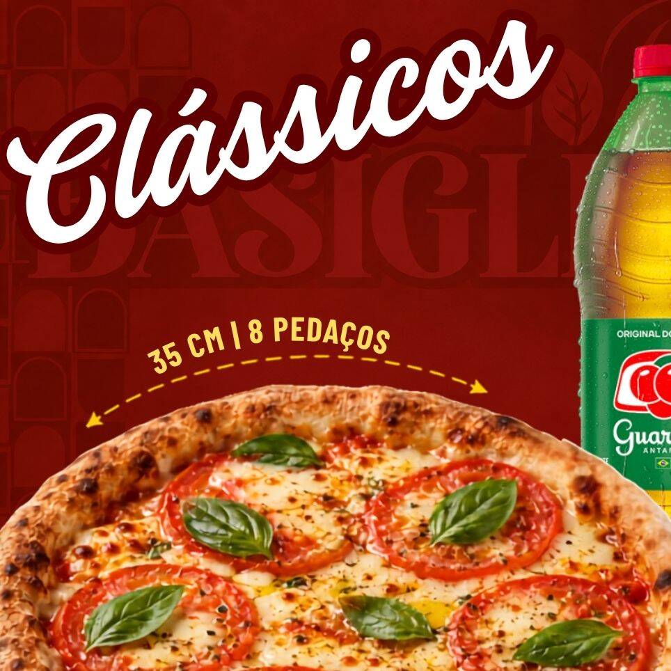 Pizza grande (35cm, 8 fatias) dos sabores clássicos, acompanhada de refrigerante gelado, com super desconto pra você aproveitar! A pizza pode ter até 2 sabores.