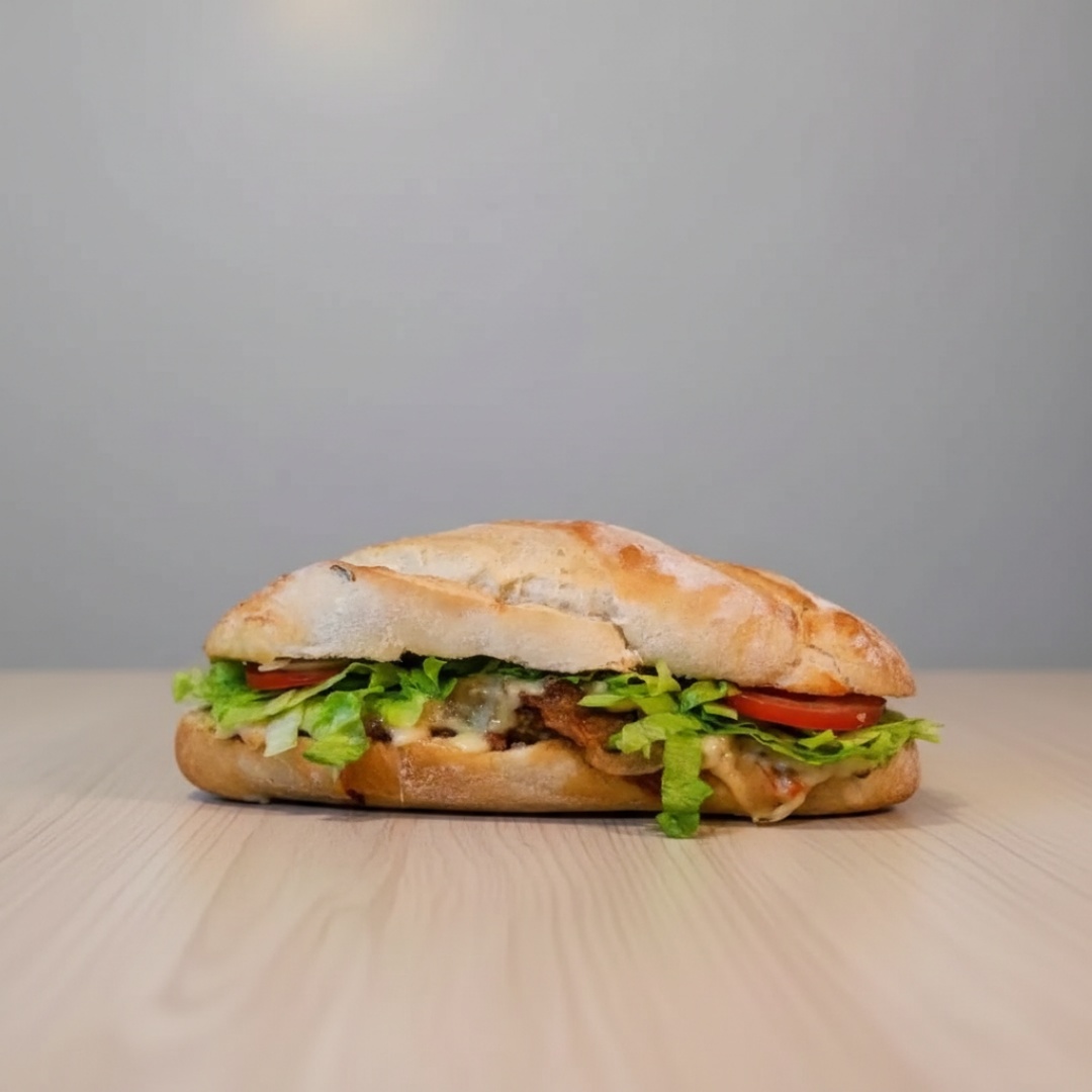 Sanduiche feito com cupim, cebola, queijo mussarela, alface, tomate em baguete rústica.