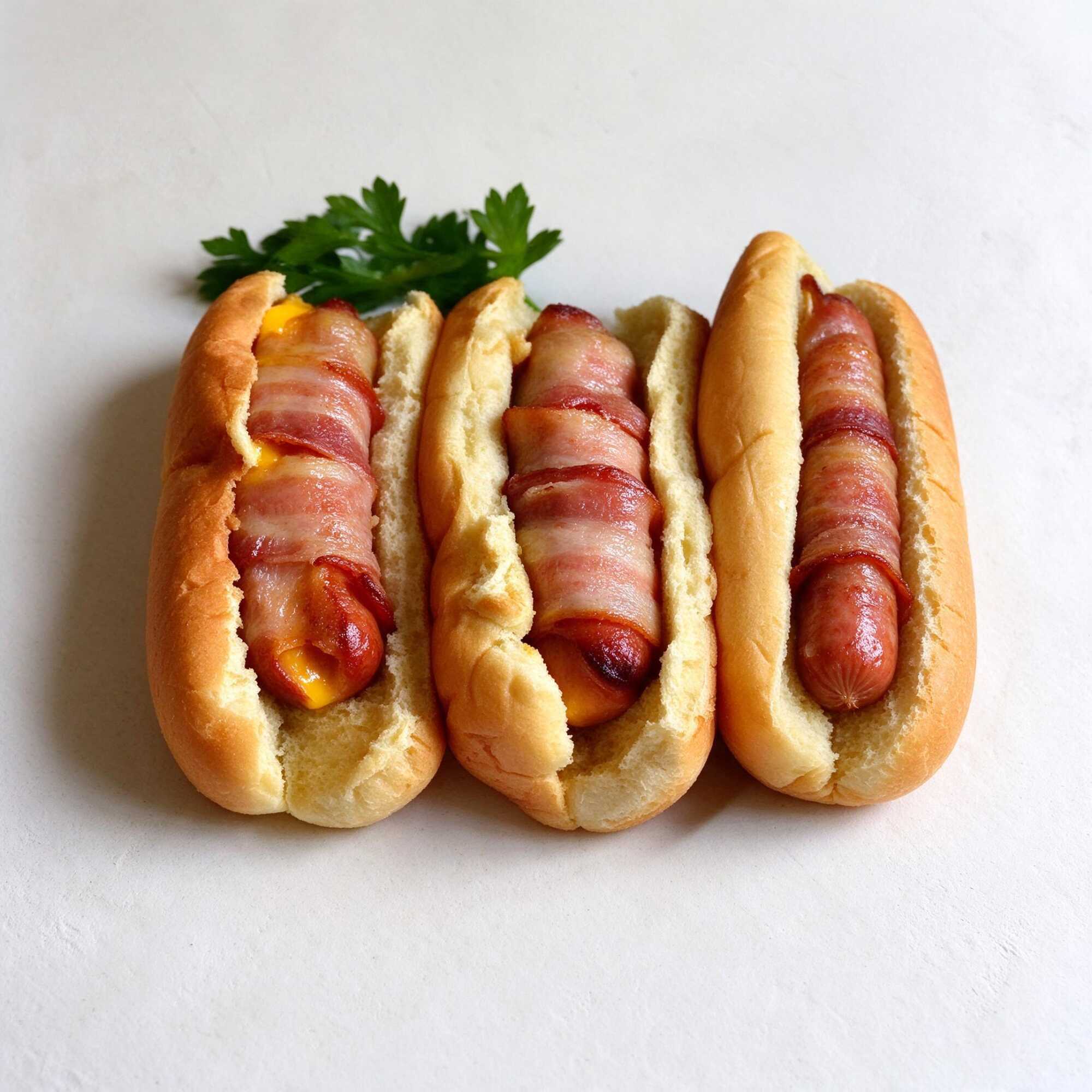 Trio de hot dogs con tocino y queso