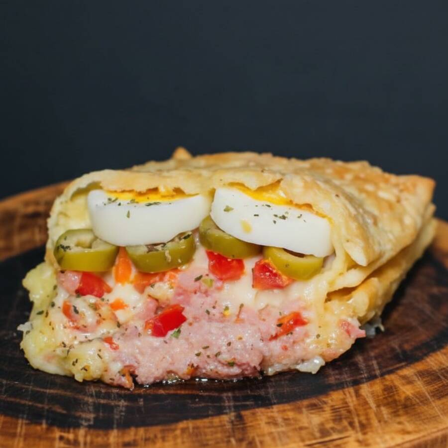 Uma explosão de sabor: Queijo Mussarela com Presunto de Alta Qualidade, Ovo Cozido, Tomate e Azeitona picados e um toque de Orégano. Massa crocante e sequinha, Pastel de 20x10cm, recheado de ponta a ponta, preparado e frito na hora.
*imagem ilustrativa