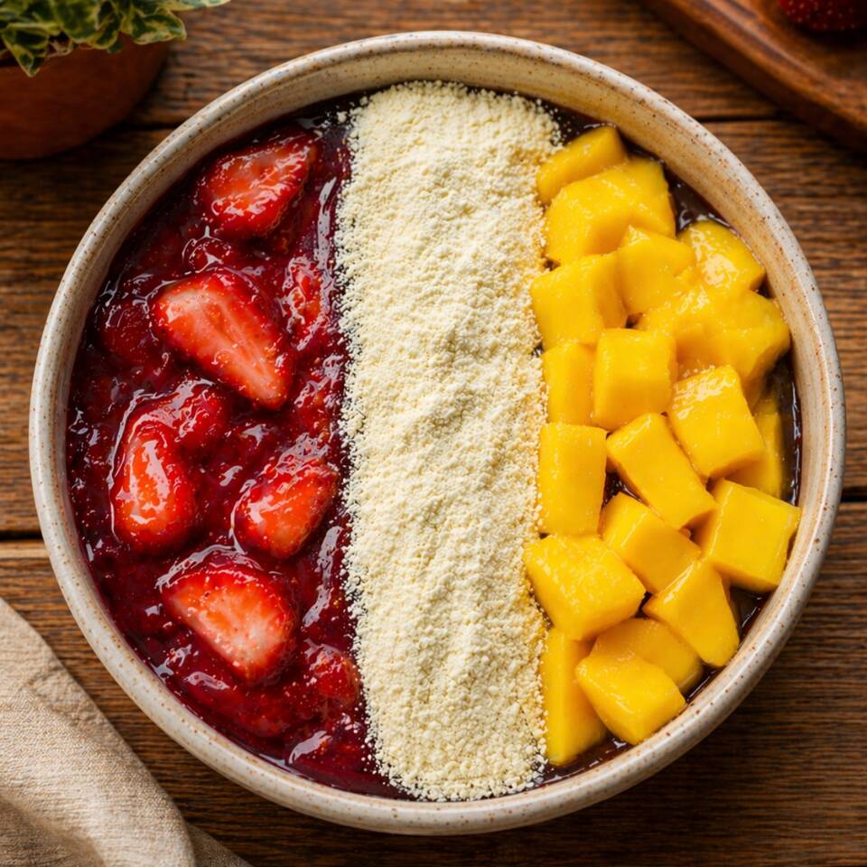 Bowl 550ml • Tamanho Grande Açaí cremoso com calda de morango bem servida, manga fresca em cubos e finalizado com leite em pó, criando uma combinação perfeita entre o doce, o frutado e a cremosidade. Leve, refrescante e extremamente saboroso do começo ao fim. Um clássico que agrada fácil e vende todo dia.