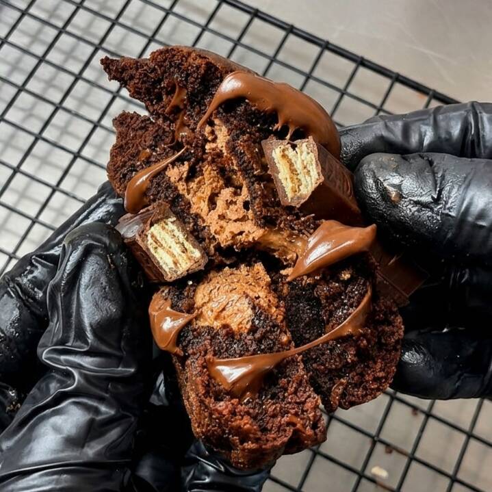 Cookie artesanal de chocolate, macio por dentro e levemente crocante por fora, recheado com creme de Kitkat e pedaços de KitKat. Finalizado com cobertura de Nutella para uma explosão de sabor a cada mordida. 🍪🍫