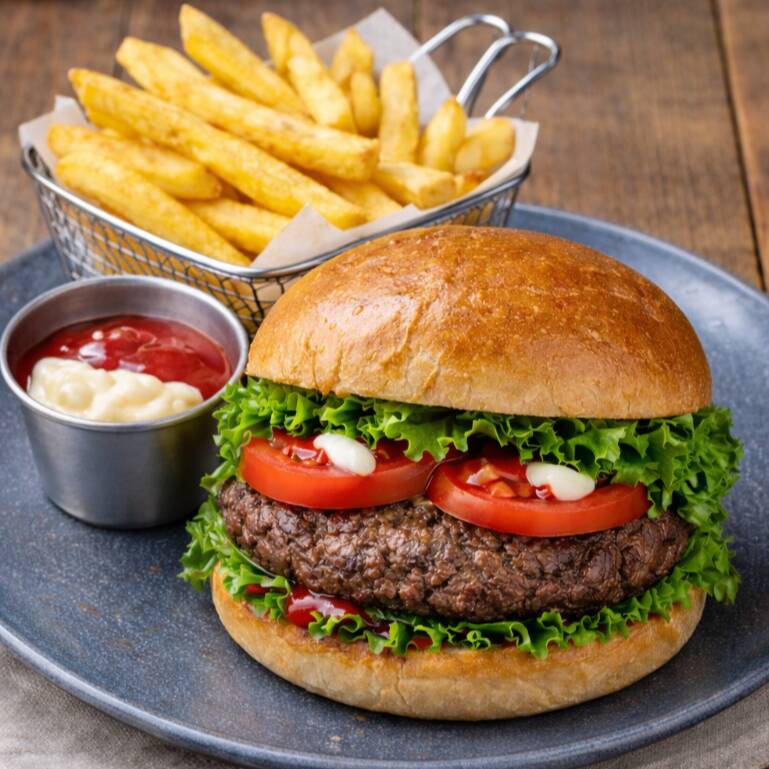 Hamburguesa Sencilla + Papas + Coca Cola 237ml.