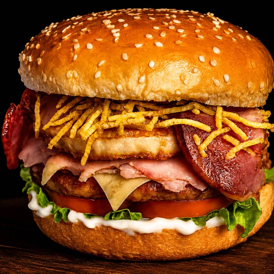 Apresentamos o Clássico da Casa: um hambúrguer de dar água na boca, com hambúrguer suculento, queijo derretido, presunto, ovo, bacon, batata palha, alface, tomate e nossa irresistível maionese de alho.