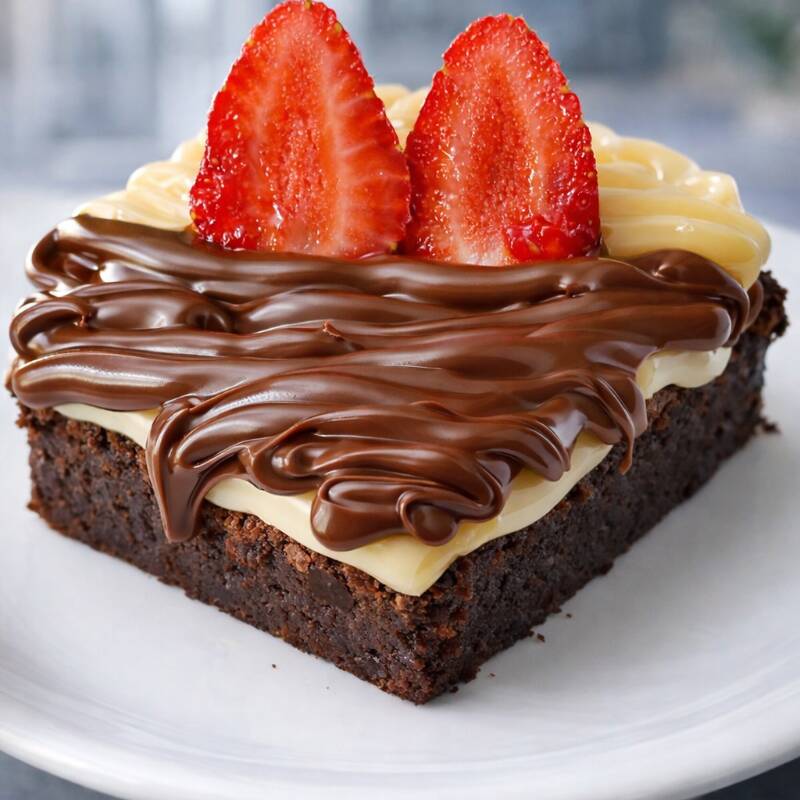 Nossa fatia de Brownie macia coberta com brigadeiro de ninho e Nutella e morangos frescos Aprox 160 gramas)
