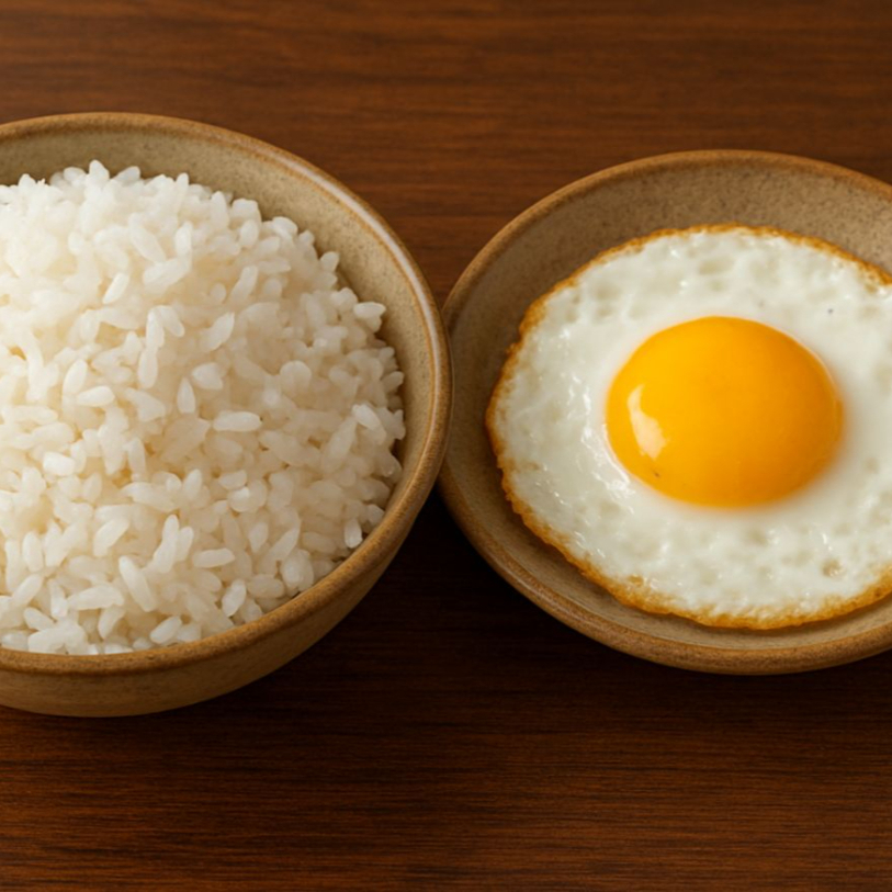 Arroz branco fresquinho e ovos fritos