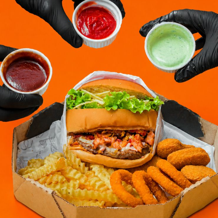Um delicioso hambúrguer 4 anéis de cebola crocantes Batata frita sequinha 4 Nuggets 1 lata de Coca-Cola 350ml Nosso molho da casa enviado separadamente