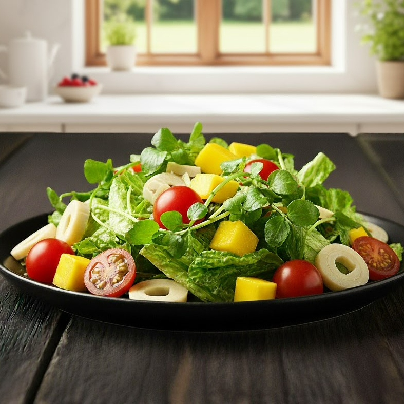 Alface crespa, agrião, tomate cereja, palmito e manga em cubos ... Uma salada refrescante e deliciosa !!!