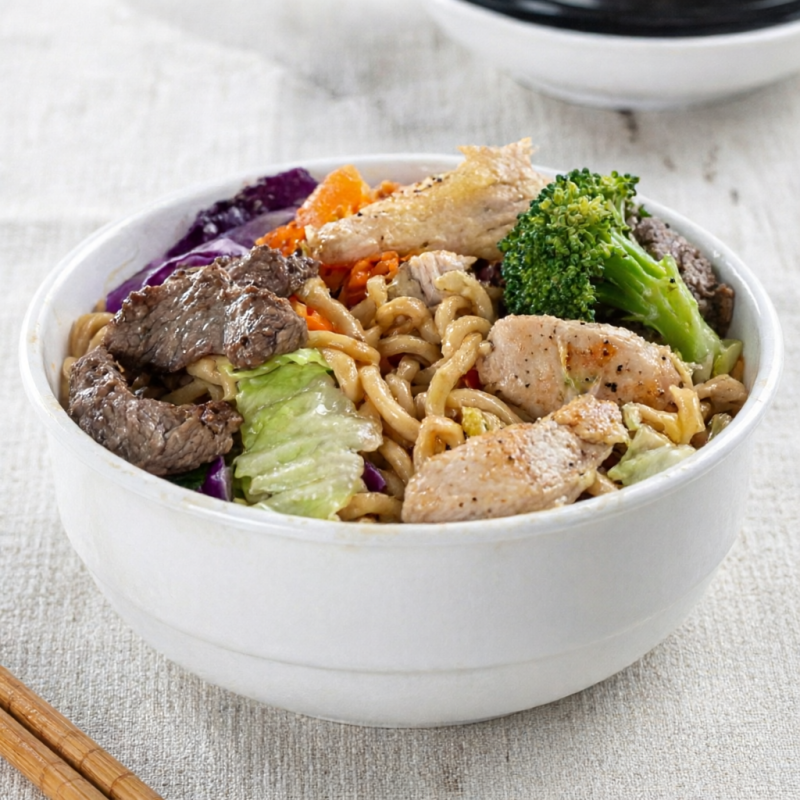 Carne e frango, Macarrão, alho refogado, repolho verde, repolho roxo, brócolis e cenoura e nosso molho especial.