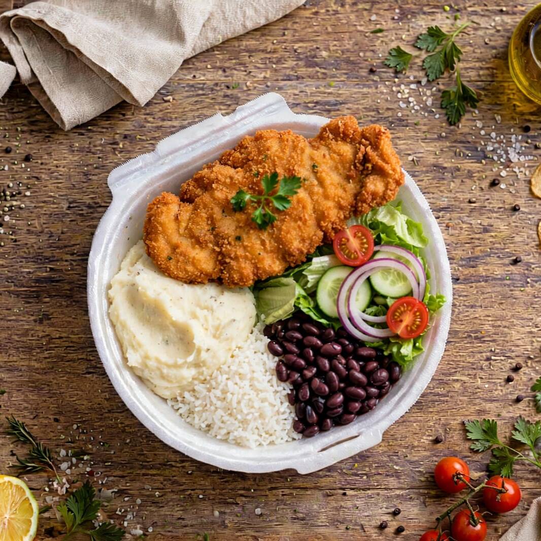 FILÉ DE FRANGO A MILANESA COM, PURE DE BATATA, ARROZ, FEIJÃO, MACARRÃO, FAROFA, LEGUMES.
VAI RESISTIR ??
